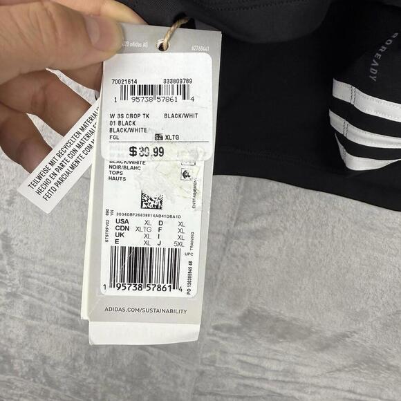 Adidas 3-Stripes Crop Tank Top Black White Wmns Size XL AEROREADY NWT $39.99 - Picture 6 of 7